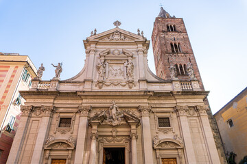 Details view the parish S. Ambrogiy Der Vaszez, the Liguria region, the province of Savona, Italy. A wonderful vision of the baroque architecture of the church on a charming square