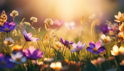 a stylized floral meadow with rich purple and gold flowers growing in lush green grass illuminated by warm golden rays of light