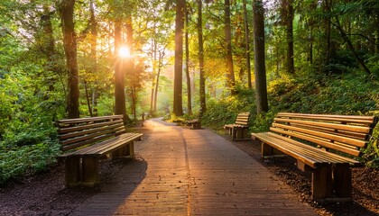 Fototapeta premium a picturesque forest pathway is illuminated by the warm glow of the sunset featuring wooden benches inviting relaxation amidst lush greenery and tranquil surroundings of naturers beauty