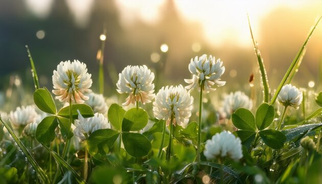 ethereal splendor of ivory clover blossoms nestled amidst glistening blades of morning dew epitomizes a tranquil tableau with their dainty petals and serene emergence of a new day