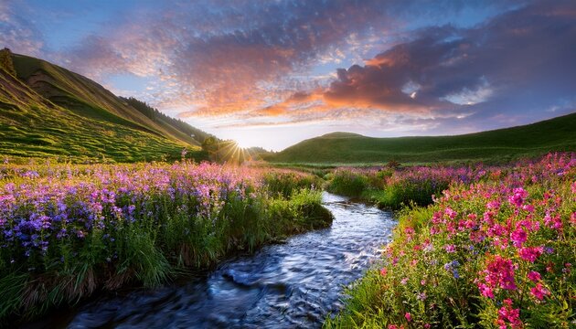 a portrayal of a babbling brook meandering through a verdant meadow enveloped by a kaleidoscope of untamed blossoms emanating an overwhelming aura of tranquility and unspoiled magnificence