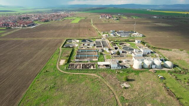 Aerial view of sewage plant in rural fields, Bulgaria.