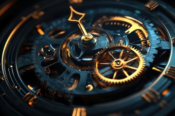 Obraz premium A close up view of the inner workings of a clock with golden gears and intricate details visible