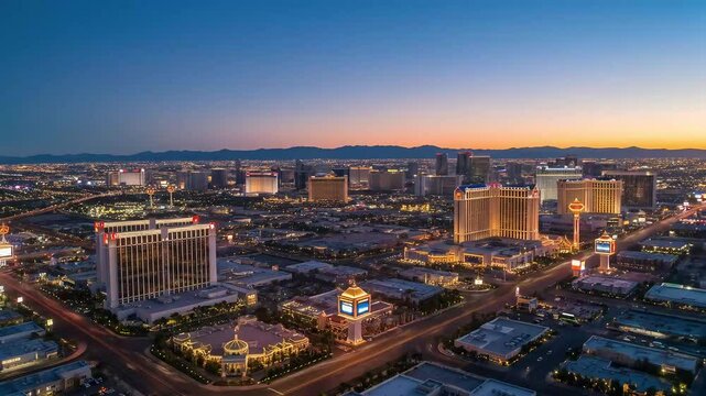 Aerial View of Las Vegas Cityscape at Dusk with Illuminated Buildings and Roads under Twilight Sky