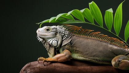 a iguana brumating under leaf cover isolated