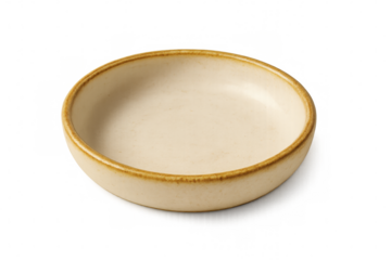 Ceramic serving bowl featuring earthy brown rim, presenting culinary contents against clean transparent backdrop