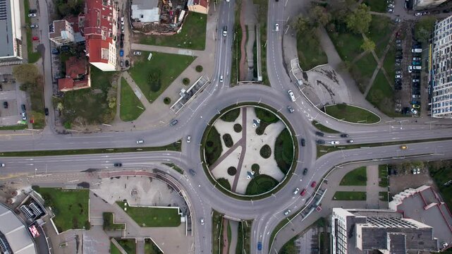 Aerial view of roundabout and greenery, Bulgaria.