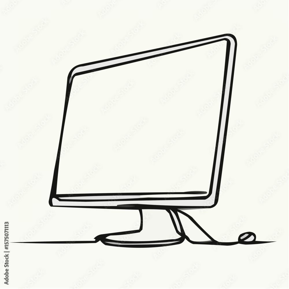 Poster computer monitor in simple line art style on neutral background