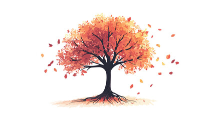 Autumn Tree with Falling Leaves and Roots Spread Out