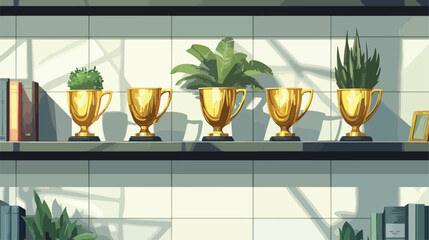Realistic Trophy Awards Shelf Composition for Recognition Visuals