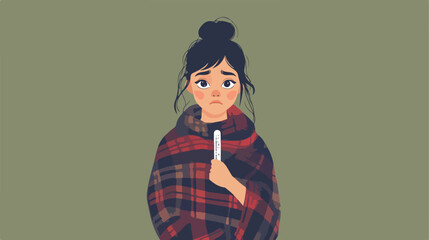 Unpleased Young Ill Girl Wrapped in Plaid Holding - Medical Concept