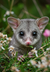 Obraz premium Nature's Curiosity, A wide-eyed opossum in foliage, with a small leaf in its mouth.