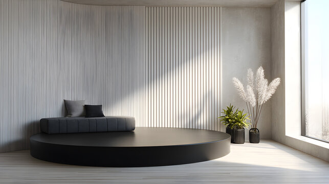 Bright modern living room interior with sleek furniture, a large window, and stylish design elements creating a luxurious home atmosphere