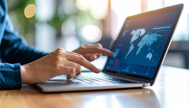 Global Insights: A person explores intricate data visualizations and global maps on a modern laptop, symbolizing connectivity, data analysis, and worldwide reach in a contemporary setting.