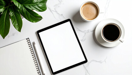 Workstation on White Marble: Overhead shot of a neat workspace featuring tablet, notebook, pen, coffee on marble table surrounded by green plants.