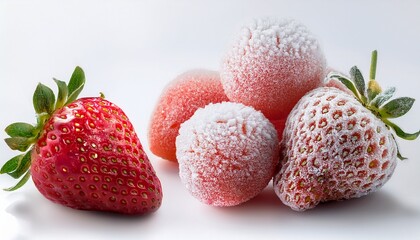 white frozen berry and healthy red strawberry fruit on a white background with copy space image
