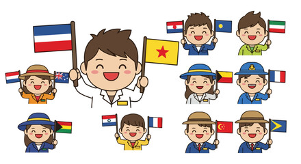 Fototapeta premium Cheerful Children Waving Flags: International Unity