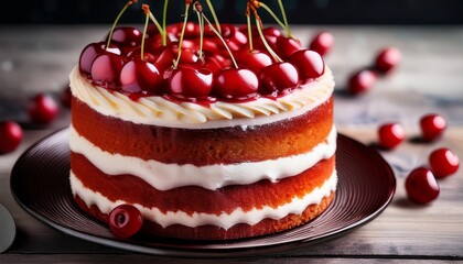 delicious layered cake with cherry topping featuring creamy frosting and soft texture perfect for celebrations and sweet moments indulge in this delightful dessert