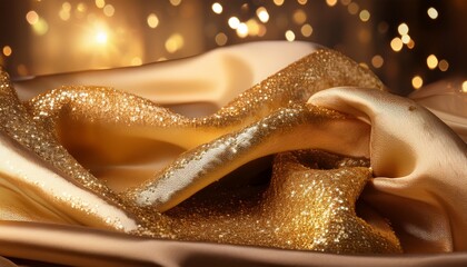 elegant satin fabric draped with golden sparkles creating a luxurious and sophisticated appearance in a serene setting