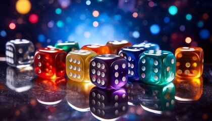 dice in contrasting colors lie on a sleek surface against a vibrant cosmic backdrop capturing the energy and anticipation of a thrilling game night filled with laughter and strategy