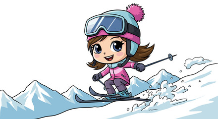 Cute girl skiing down a snowy mountain slope really fast - isolated white background chibi illustration