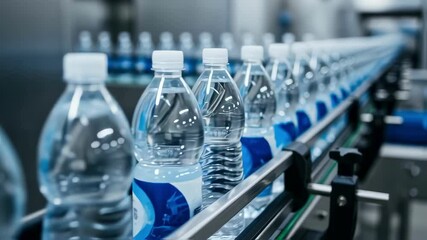 Plastic water bottles with blue labels are moving on a conveyor belt inside a bottling factory, showcasing the automated production process - Powered by Adobe