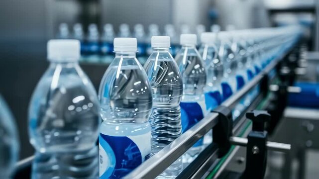 Plastic water bottles with blue labels are moving on a conveyor belt inside a bottling factory, showcasing the automated production process