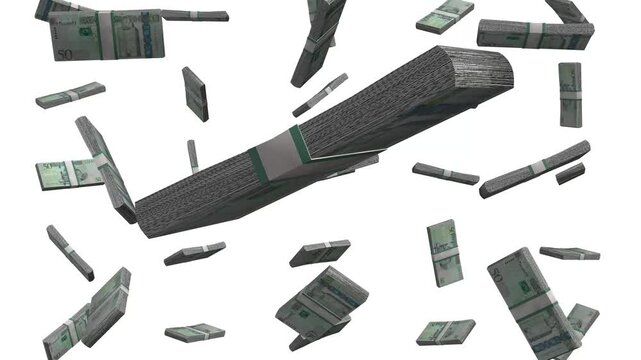 Flying 50 Libyan Dinar banknotes illustrate currency dynamics