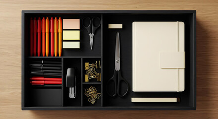 Desk drawer organizer tray with neatly separated office supplies, top-down flatlay
