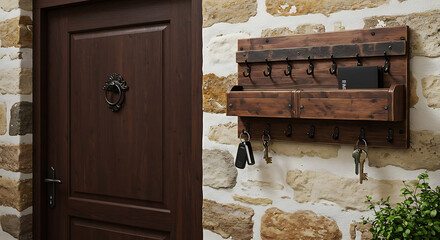 Wall-mounted mail and key holder with hooks, shown near door, rustic entryway decor
