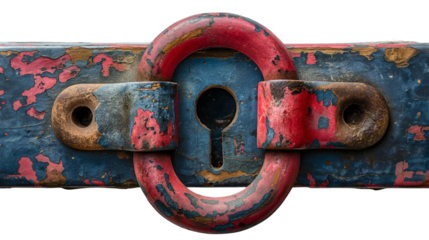 Weathered Vintage Padlock with Rusty Blue and Red Paint Transparent PNG. Close-Up of Antique Lock and Keyhole Isolated on White