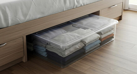 Under-bed storage container with clothes inside, clear lid open, space-saving home setup
