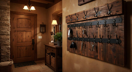 Wall-mounted mail and key holder with hooks, shown near door, rustic entryway decor
