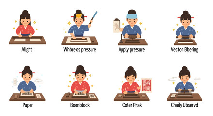 Korean Traditional Printing Process Illustration Set