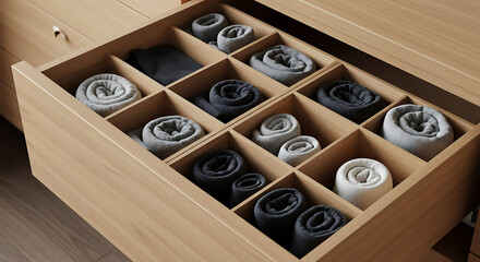  Drawer divider boxes with socks and underwear arranged, minimal Japanese-style layout
