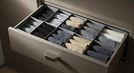  Drawer divider boxes with socks and underwear arranged, minimal Japanese-style layout
