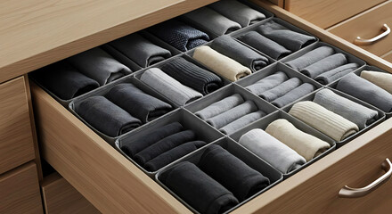  Drawer divider boxes with socks and underwear arranged, minimal Japanese-style layout
