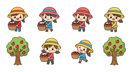 Fototapeta premium Apple Harvest Cartoon: Cute Girls and Trees