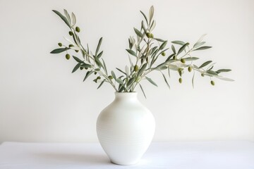 Olive branches in a simple white vase.
