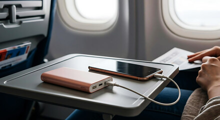  Pastel power bank with matching phone cable placed on tray table, lifestyle image for modern traveler
