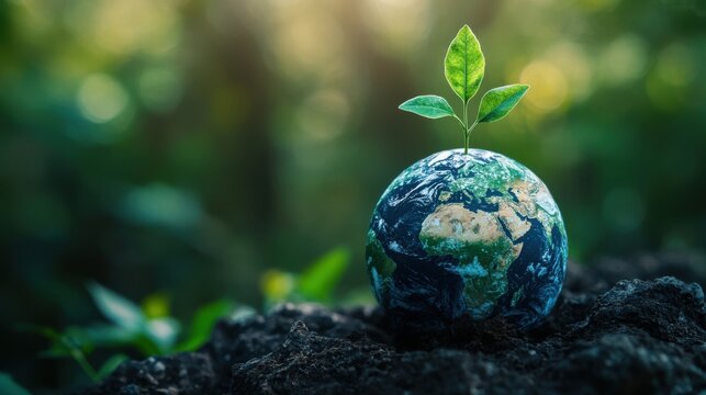A small plant growing out of a globe representing earth on a dark background with green foliage