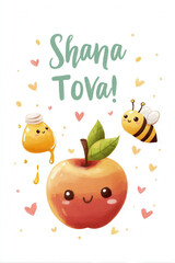 A cute illustration featuring a smiling apple, honey jar, and a bee. The design includes hearts and the text 'Shana Tova!' in a playful font.
