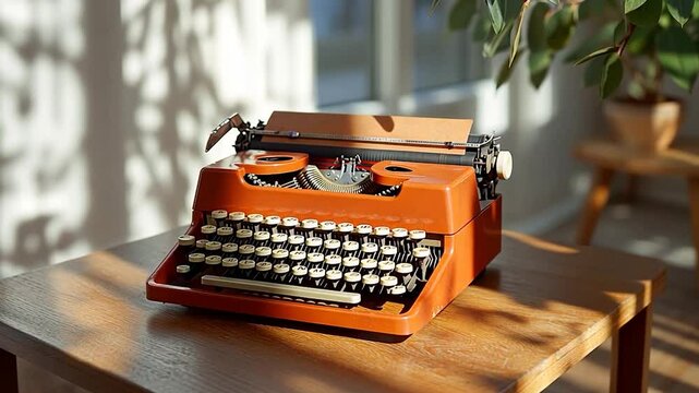A vintage writing machine rests on a wooden surface illuminated by sunlight casting shadows near a window. A green plant adds contrast