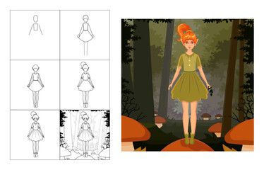 A step-by-step guide on how to draw an elf girl. tutorial for beginners, coloring book, online art, empty outlines. thicket of the forest, pointy-eared woman, fairy, fantasy creature. Grey and green
