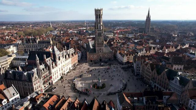 Aerial view of Market Square and Belfort tower, Belgium.