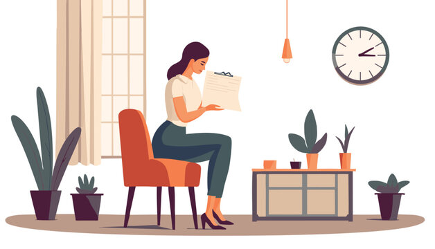 Vector illustration of businesswoman signing document in modern office interior with plants. Flat minimalist style professional workspace design. Perfect for business presentations, corporate content