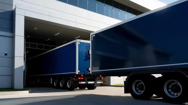Large blue semi truck is leaving loading dock of modern warehouse after loading or unloading goods, symbolizing efficient logistics and distribution