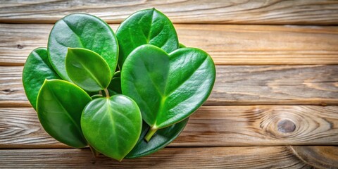 Green leaves of sweetheart hoya plant on wooden background, botanical, greenery,  botanical, greenery, nature