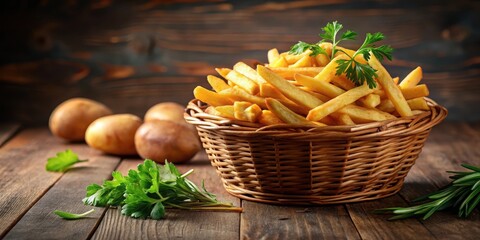 Crisp golden french fries arranged neatly in a wicker basket with a few scattered potato wedges and fresh herbs , herbs