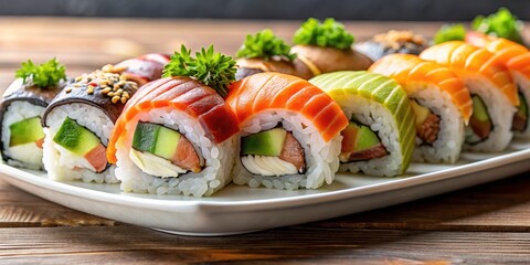 Close-up shot of a plate of sushi with various fillings such as eel, salmon, and avocado, arranged in a neat and tidy manner on top of a bed of rice , Japanese cuisine, salmon